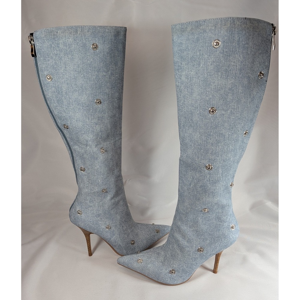 Denim Snap Embellished Knee High Stiletto Boots Light Wash Pointed Toe Size 5
